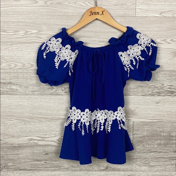 Navy Floral Off Shoulder Short Sleeve Blouse - Picture 1 of 5